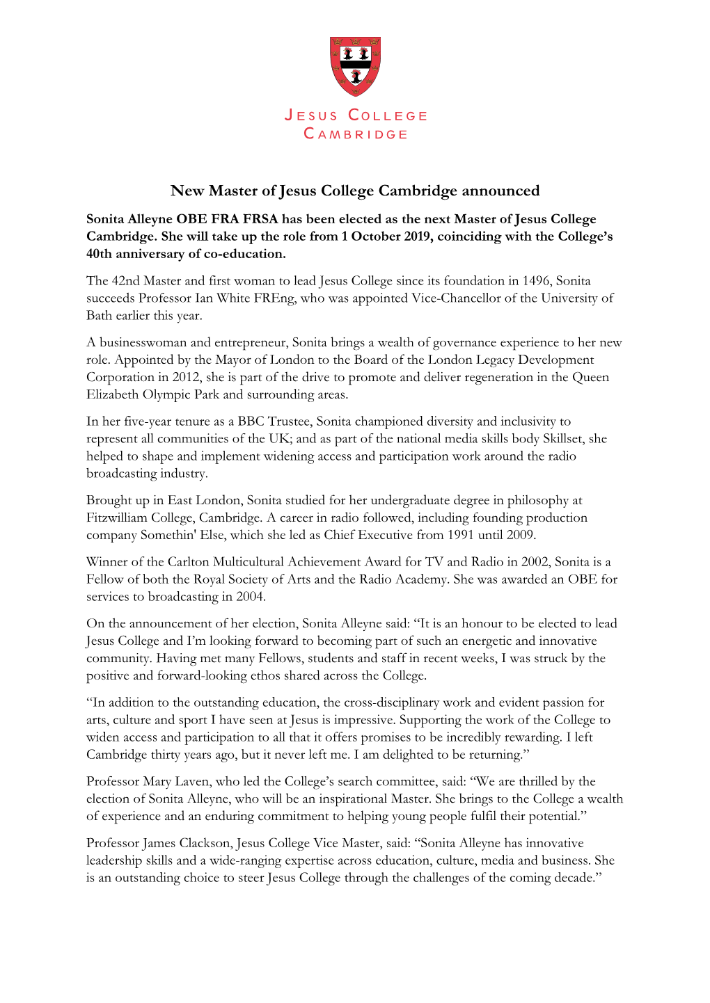 New Master of Jesus College Cambridge Announced Sonita Alleyne OBE FRA FRSA Has Been Elected As the Next Master of Jesus College Cambridge