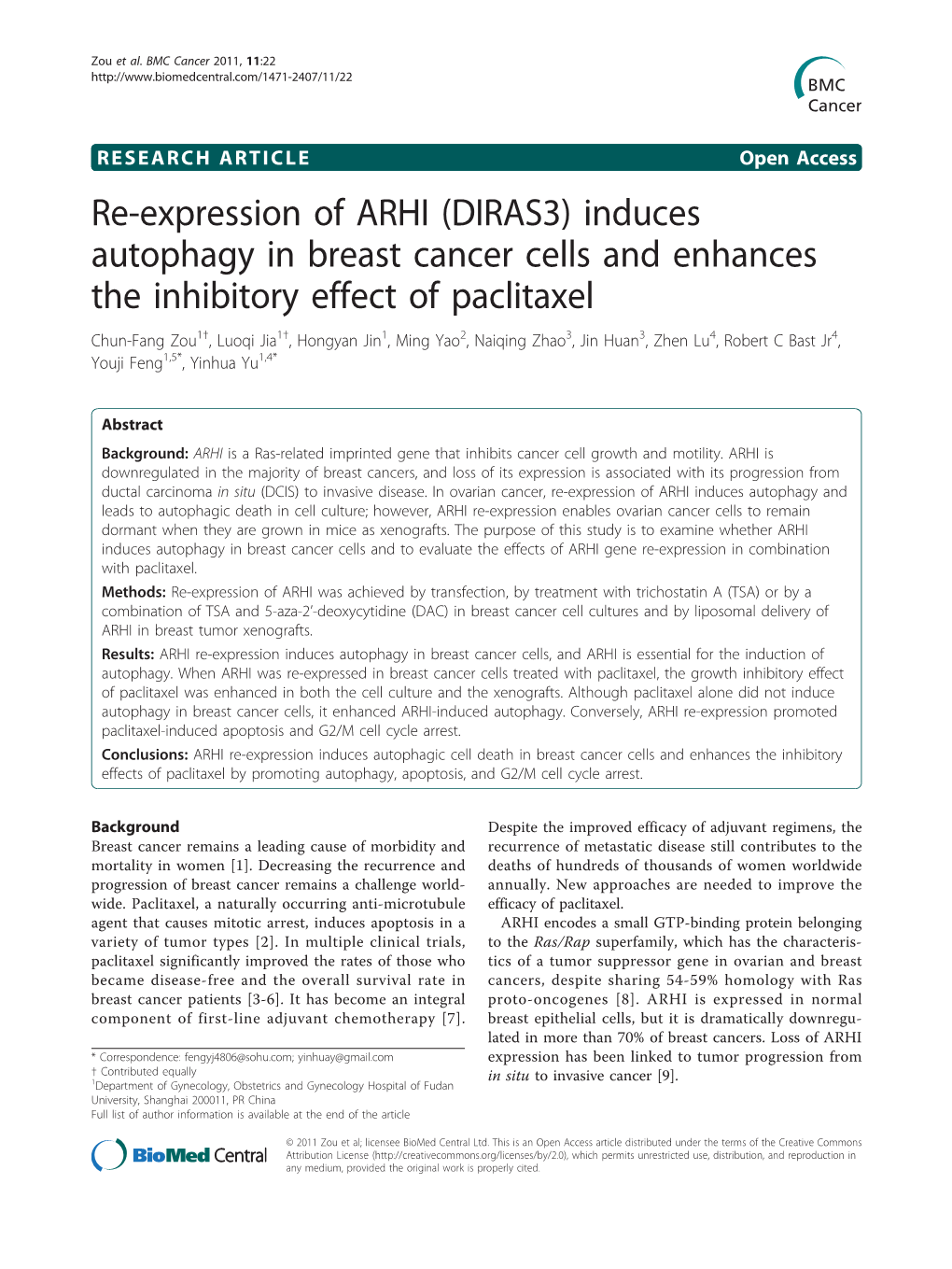 Re-Expression of ARHI (DIRAS3) Induces Autophagy in Breast Cancer Cells and Enhances the Inhibitory Effect of Paclitaxel