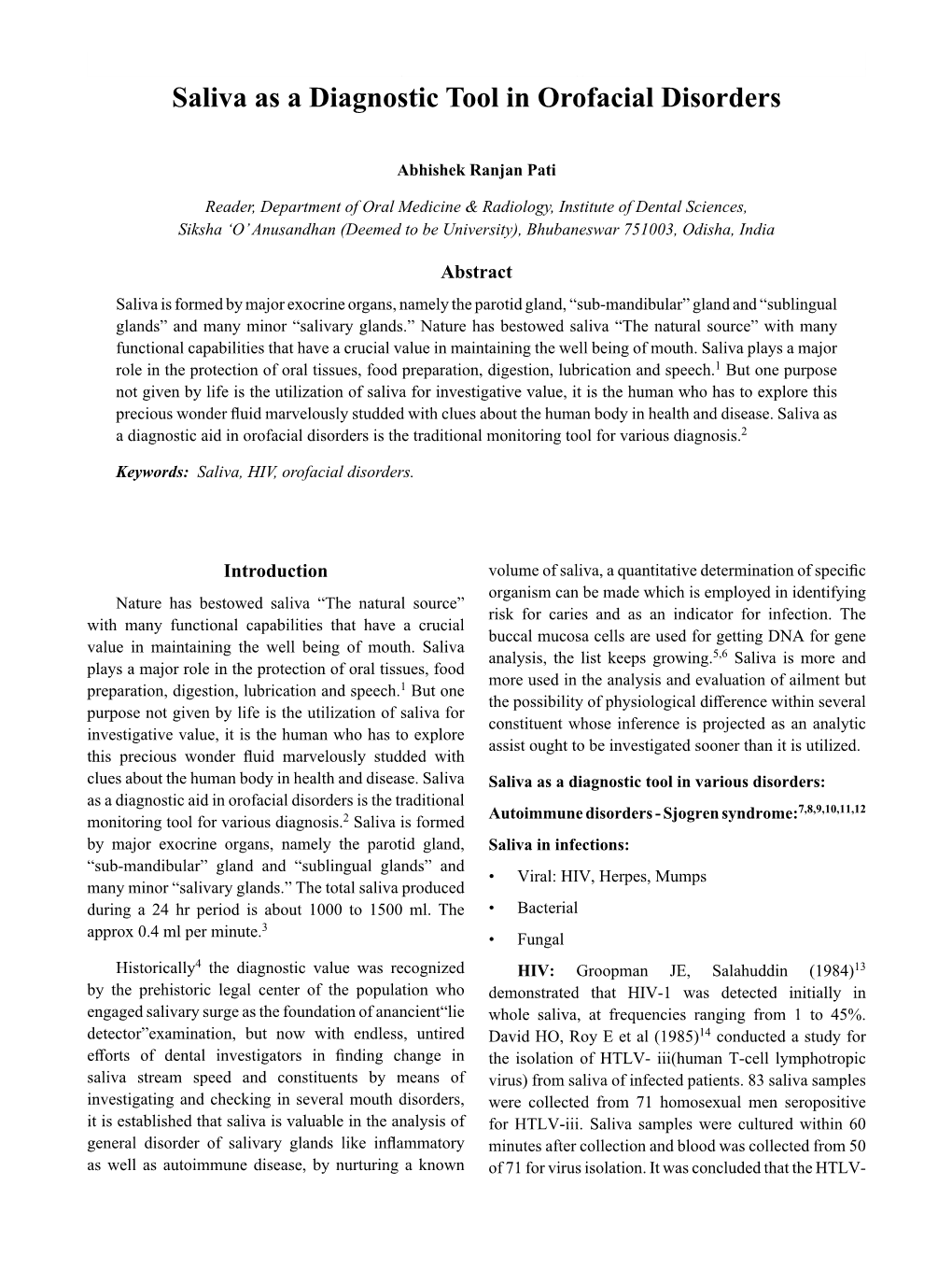 Saliva As a Diagnostic Tool in Orofacial Disorders