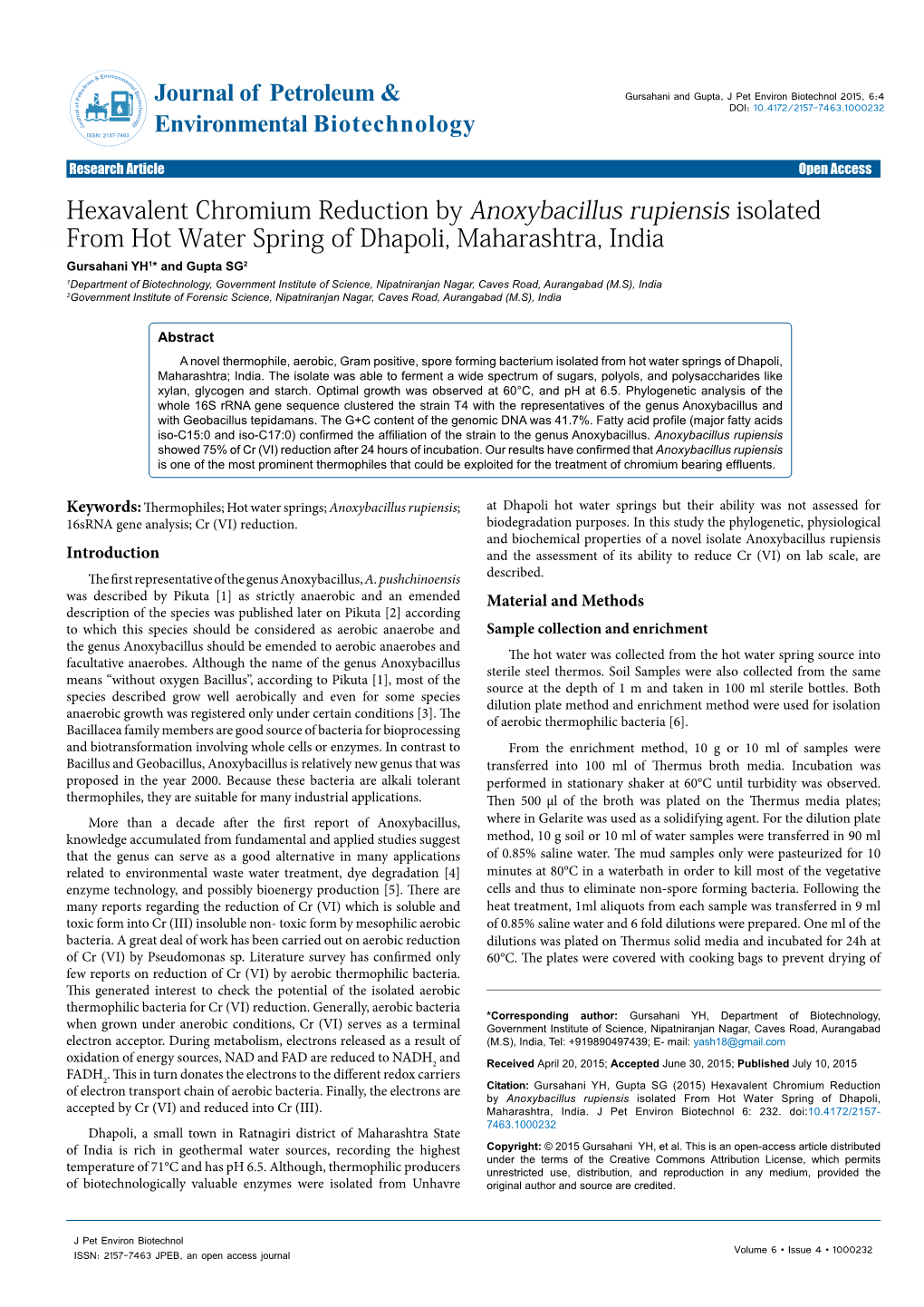 Hexavalent Chromium Reduction by Anoxybacillus Rupiensis Isolated from Hot Water Spring of Dhapoli, Maharashtra, India