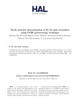 Facile and Fast Determination of Si/Al Ratio of Zeolites Using FTIR