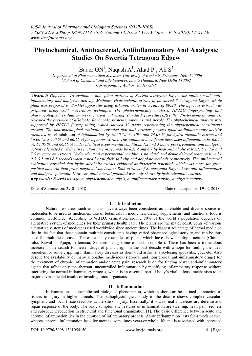 Phytochemical, Antibacterial, Antiinflammatory and Analgesic Studies on Swertia Tetragona Edgew
