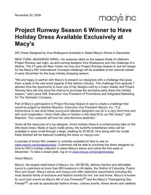 Project Runway Season 6 Winner to Have Holiday Dress Available Exclusively at Macy's