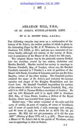 Abraham Hill, F.R.S., of St John's, Sutton-At-Hone