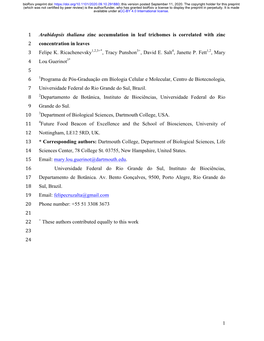 Arabidopsis Thaliana Zinc Accumulation in Leaf Trichomes Is Correlated with Zinc 2 Concentration in Leaves 3 Felipe K