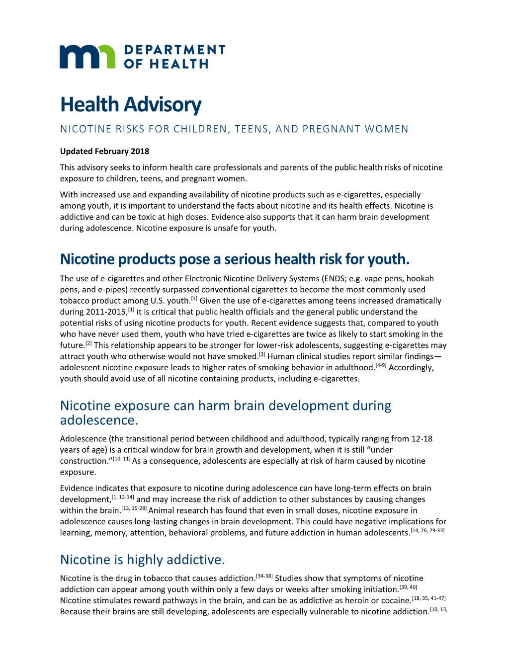 Health Advisory NICOTINE RISKS for CHILDREN, TEENS, and PREGNANT WOMEN