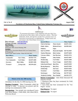 Vol. 4, No. 8 August 2008 Newsletter of Charleston Base, United States Submarine Veterans, Inc