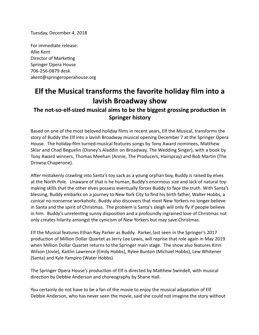 Elf the Musical Press Release