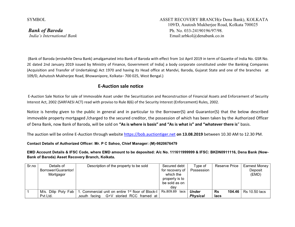 Bank of Baroda E-Auction Sale Notice