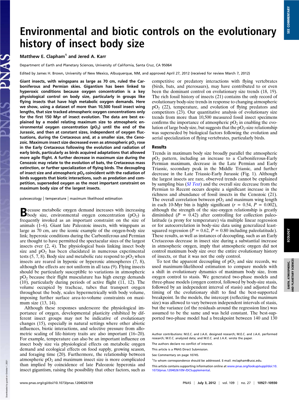 Environmental and Biotic Controls on the Evolutionary History of Insect