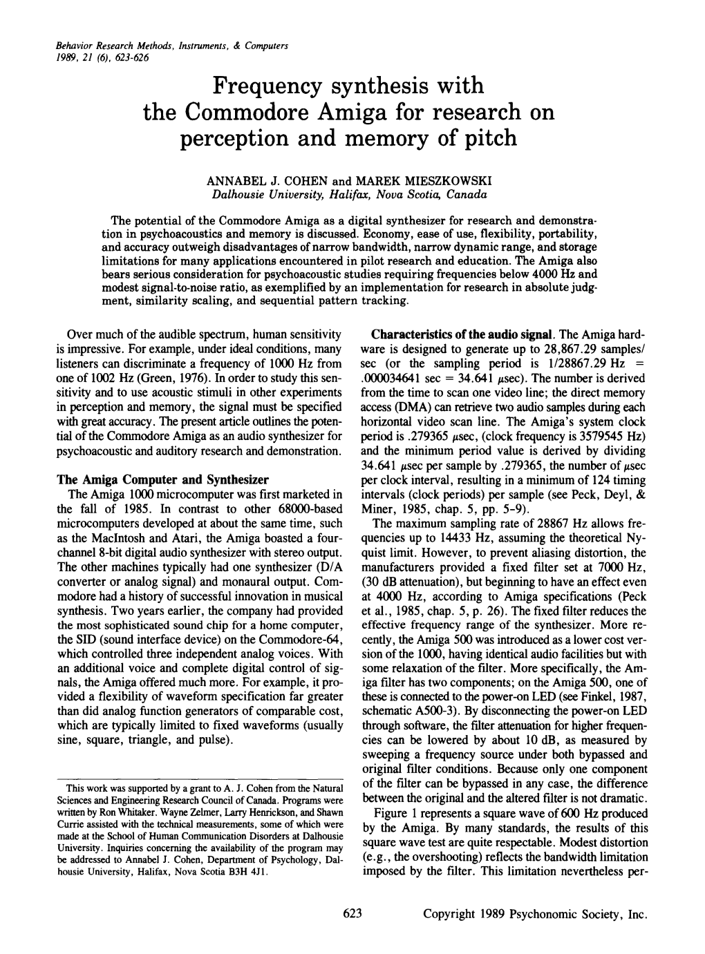 Frequency Synthesis with the Commodore Amiga for Research on Perception and Memory of Pitch