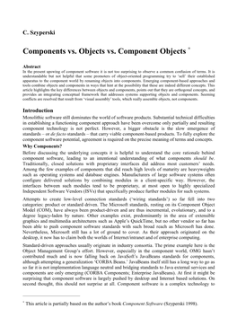 Components Vs. Objects Vs. Component Objects ∗