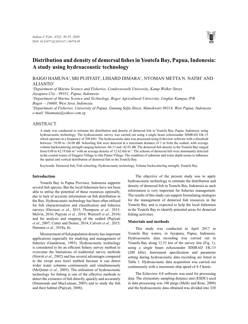 Distribution and Density of Demersal Fishes in Youtefa Bay, Papua, Indonesia: a Study Using Hydroacoustic Technology