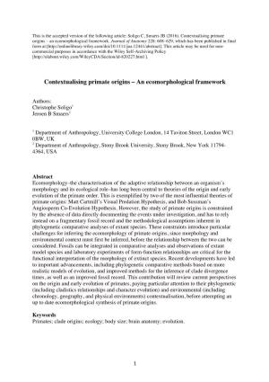 Contextualising Primate Origins – an Ecomorphological Framework