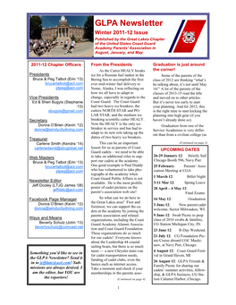 GLPA Newsletter Winter 2011-12 Issue Published by the Great Lakes Chapter of the United States Coast Guard Academy Parents’ Association in August, January, and May