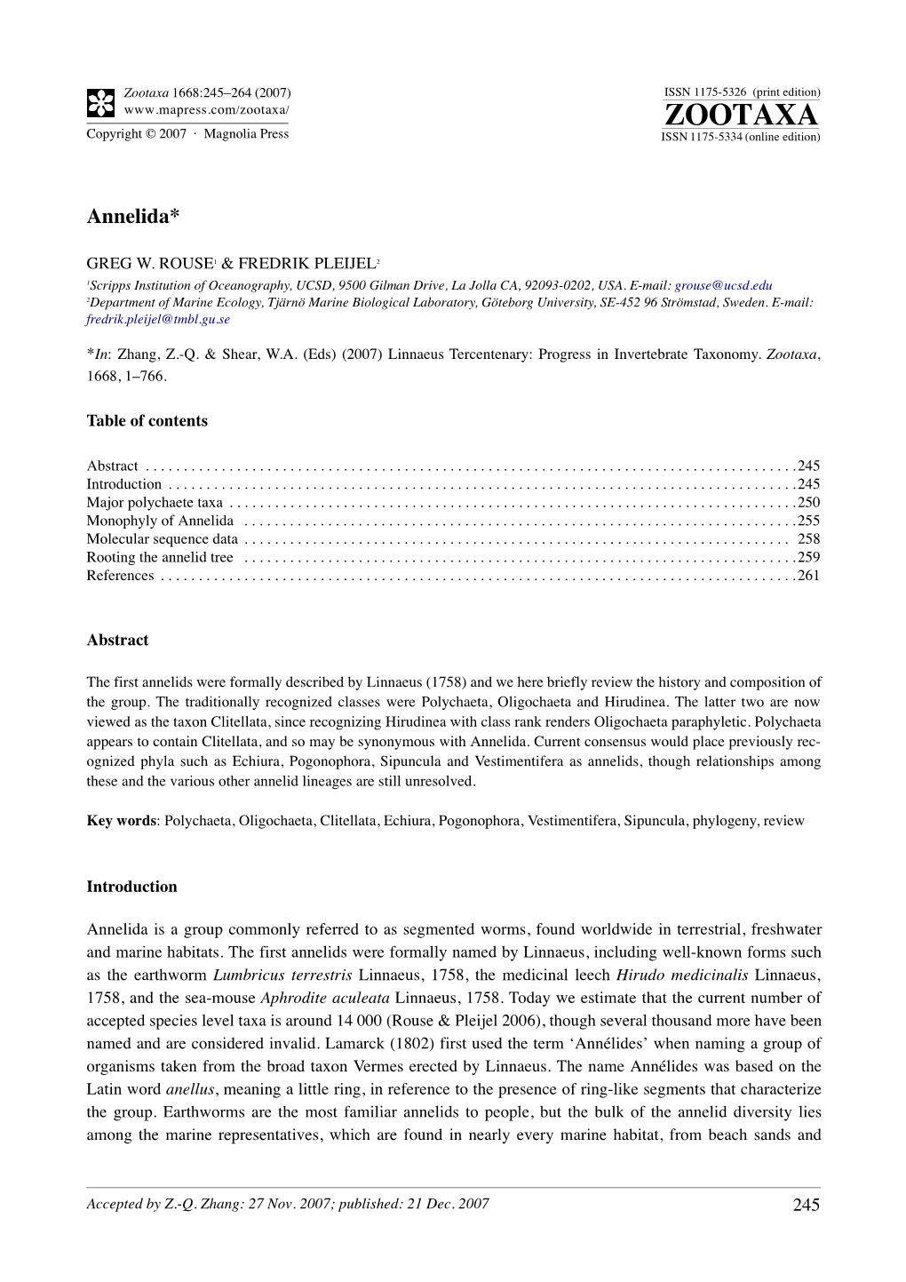 Zootaxa 1668:245–264 (2007) ISSN 1175-5326 (Print Edition) ZOOTAXA Copyright © 2007 · Magnolia Press ISSN 1175-5334 (Online Edition)