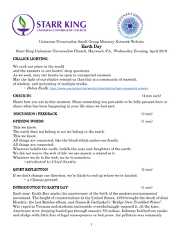 Earth Day Starr King Unitarian Universalist Church, Hayward, CA, Wednesday Evening, April 2019
