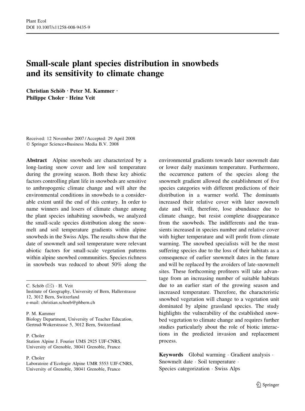 Small-Scale Plant Species Distribution in Snowbeds and Its Sensitivity to Climate Change