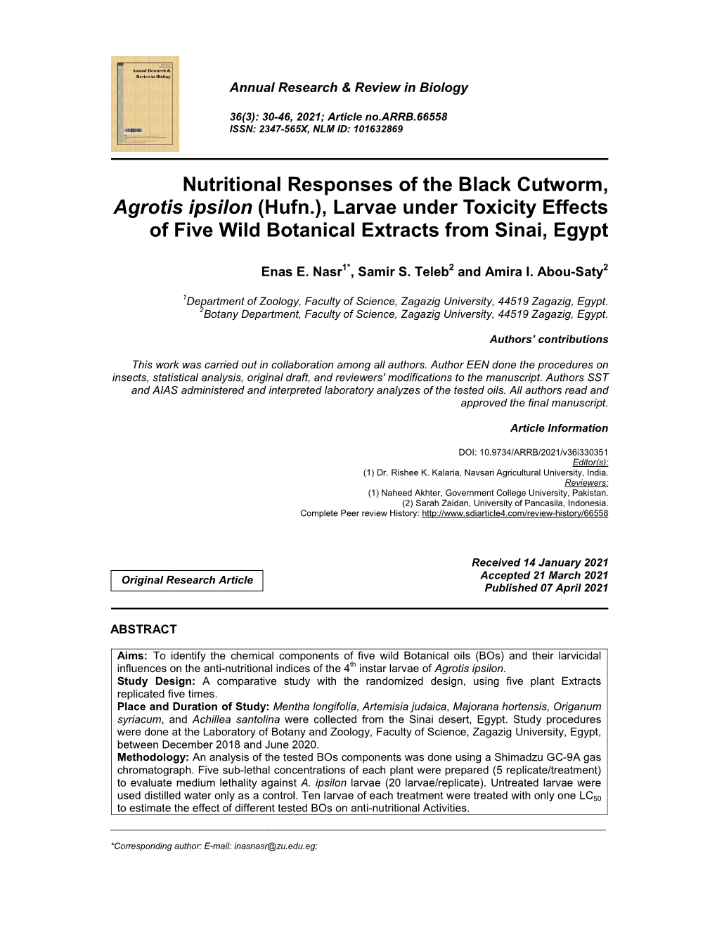 Nutritional Responses of the Black Cutworm, Agrotis Ipsilon (Hufn.), Larvae Under Toxicity Effects of Five Wild Botanical Extracts from Sinai, Egypt