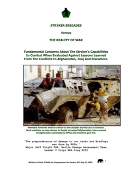 STRYKER BRIGADES Versus the REALITY OF