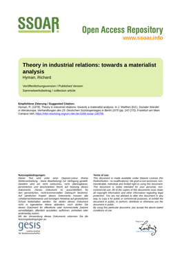 Theory in Industrial Relations: Towards a Materialist Analysis Hyman, Richard