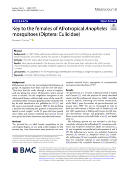 Key to the Females of Afrotropical Anopheles Mosquitoes (Diptera: Culicidae) Maureen Coetzee1,2*