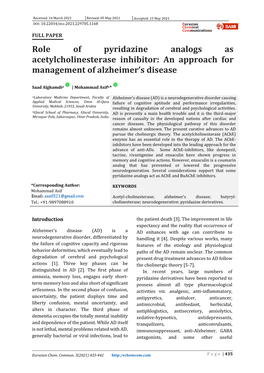 Role of Pyridazine Analogs As Acetylcholinesterase Inhibitor: an Approach for Management of Alzheimer’S Disease