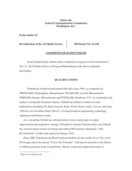 Before the Federal Communications Commission Washington, D.C. in the Matter Of: ) Revitalization of the AM Radio Service ) MB Do