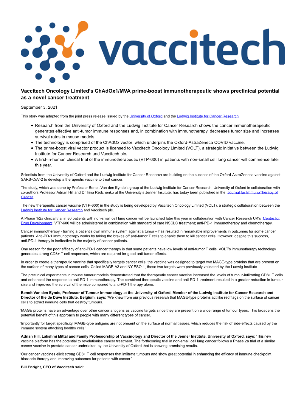 Vaccitech Oncology Limited's Chadox1/MVA Prime-Boost