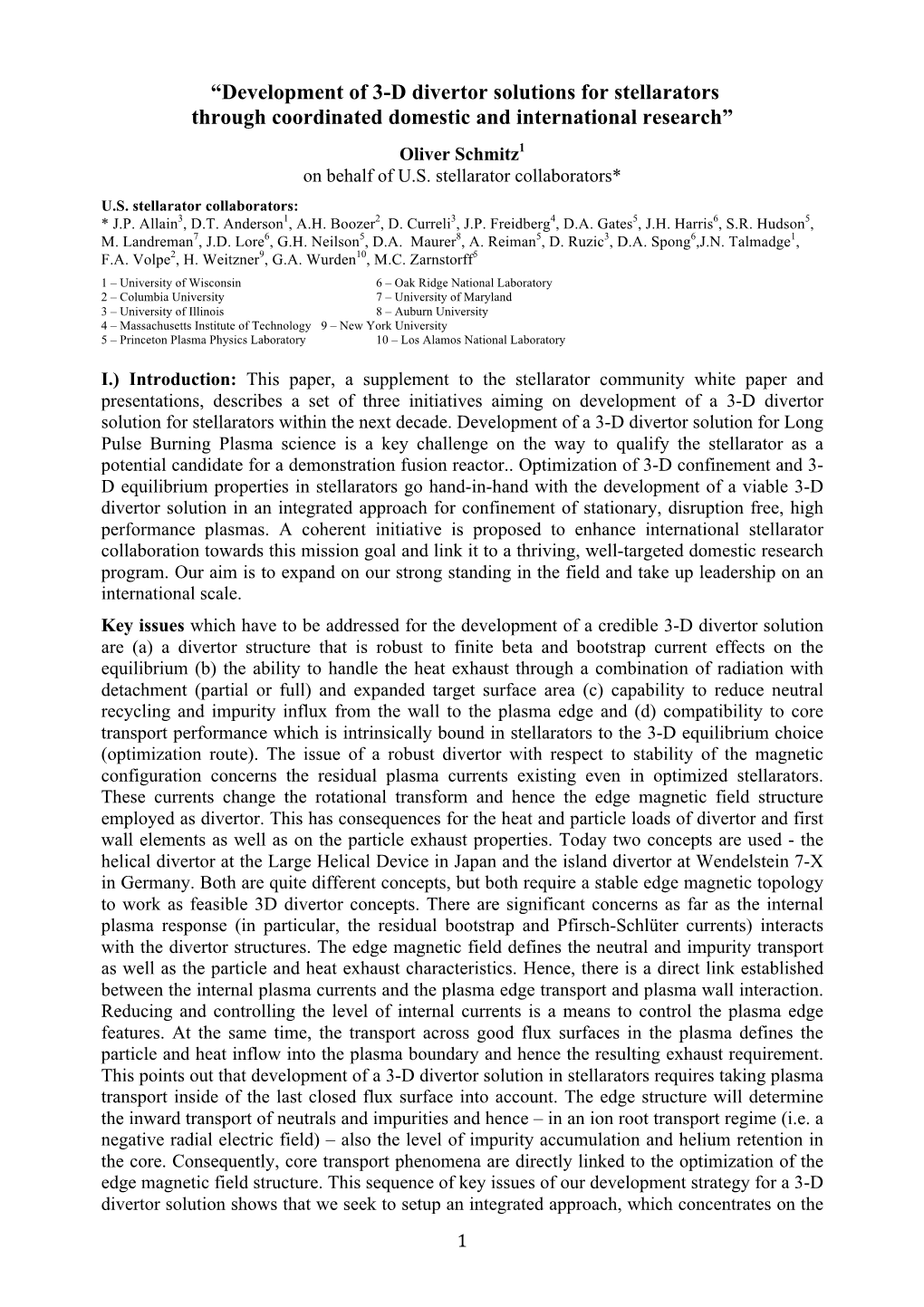 “Development of 3-D Divertor Solutions for Stellarators Through Coordinated Domestic and International Research”