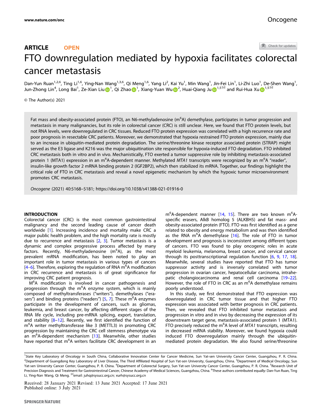 FTO Downregulation Mediated by Hypoxia Facilitates Colorectal Cancer Metastasis