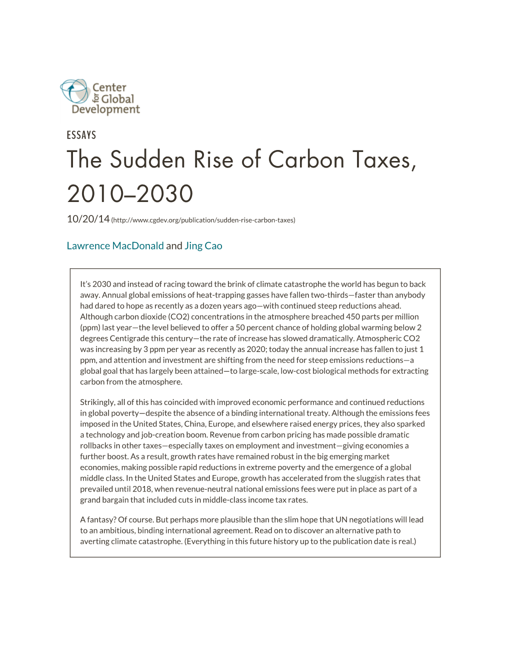 The Sudden Rise of Carbon Taxes, 2010–2030