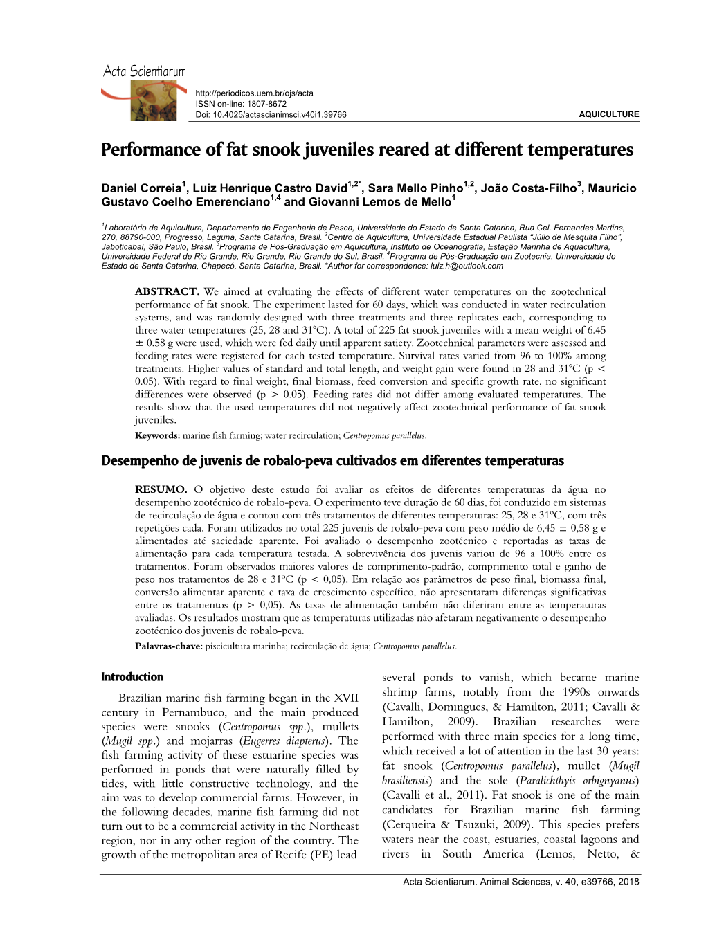 Performance of Fat Snook Juveniles Reared at Different Temperatures