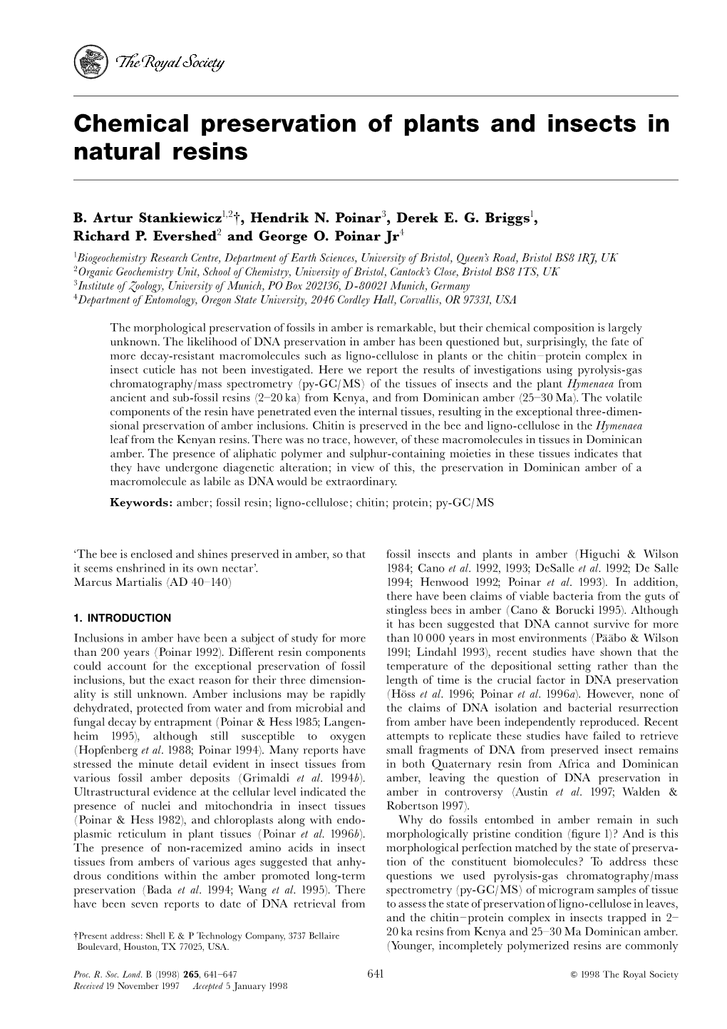 Chemical Preservation of Plants and Insects in Natural Resins