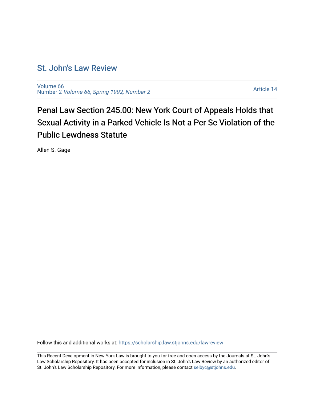 Penal Law Section 245.00: New York Court of Appeals Holds That Sexual Activity in a Parked Vehicle Is Not a Per Se Violation of the Public Lewdness Statute