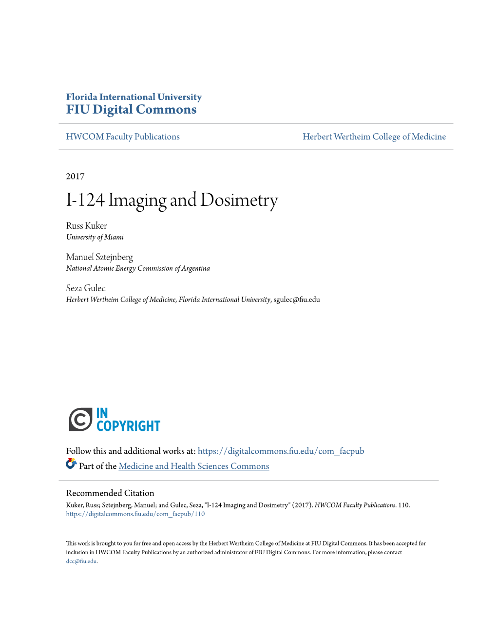 I-124 Imaging and Dosimetry Russ Kuker University of Miami