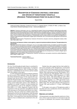 Description of Cubanana Cristinae, a New Genus and Species of Theraphosine Tarantula (Araneae: Theraphosidae) from the Island of Cuba