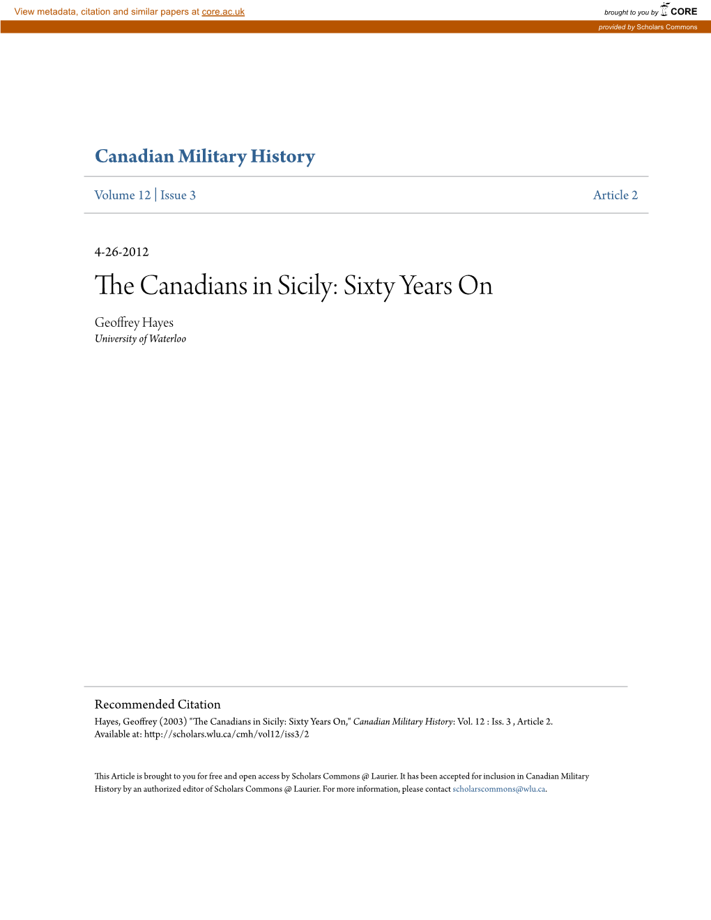 The Canadians in Sicily Sixty Years On