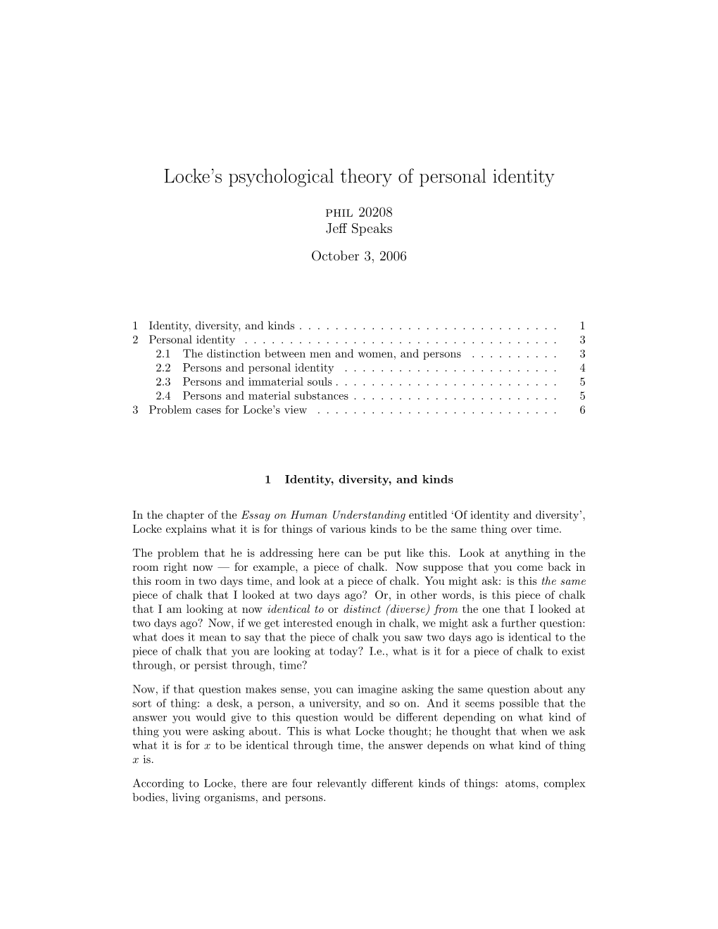 Locke's Psychological Theory of Personal Identity