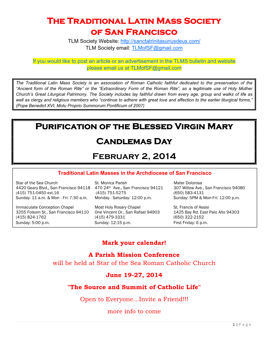 Purification of the Blessed Virgin Mary Candlemas Day February 2, 2014