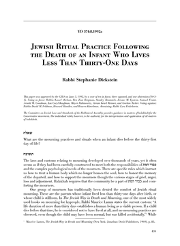 Jewish RITUAL Practice Following the DEATH of an INFANT Who Lives LESS THAN THIRTY-ONE DAYS