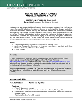 Hertog 2019 Summer Courses American Political Thought