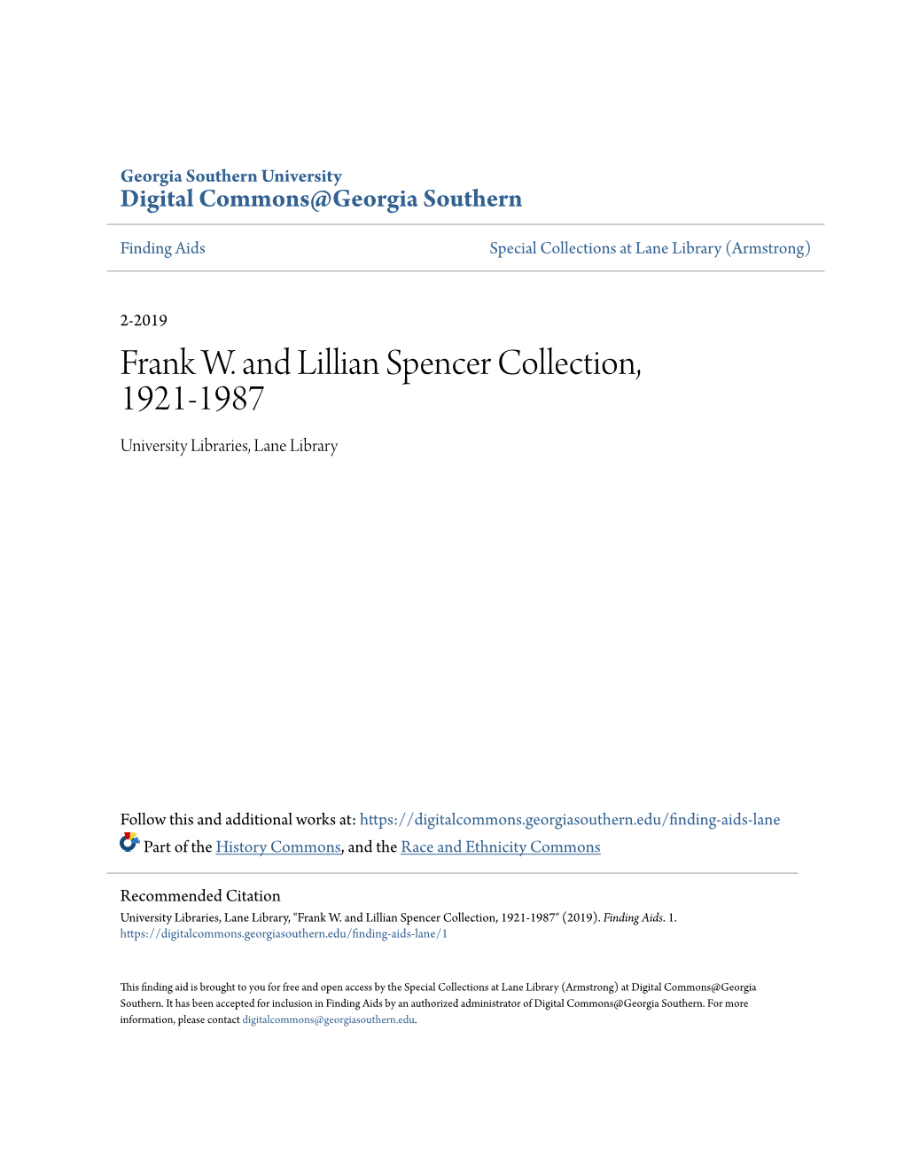 Frank W. and Lillian Spencer Collection, 1921-1987 University Libraries, Lane Library