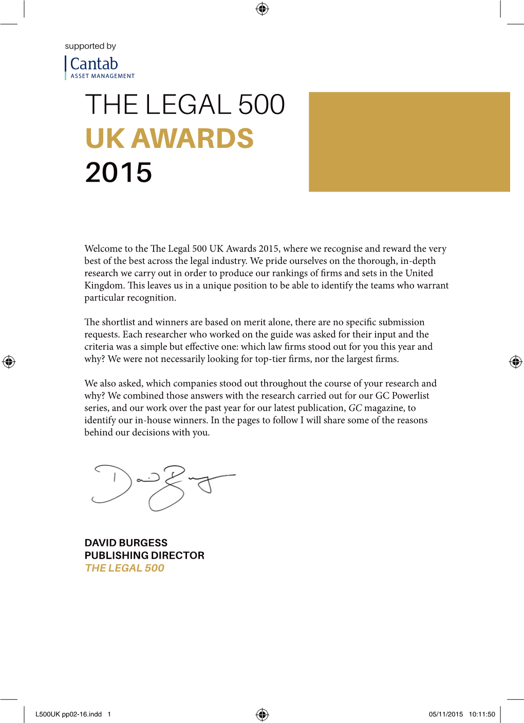 L500UK Pp02-16.Indd 1 05/11/2015 10:11:50 the LEGAL 500 UK AWARDS 2015