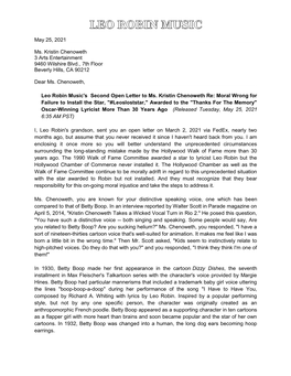 Leo Robin Music's Second Open Letter to Ms. Kristin Chenoweth Re