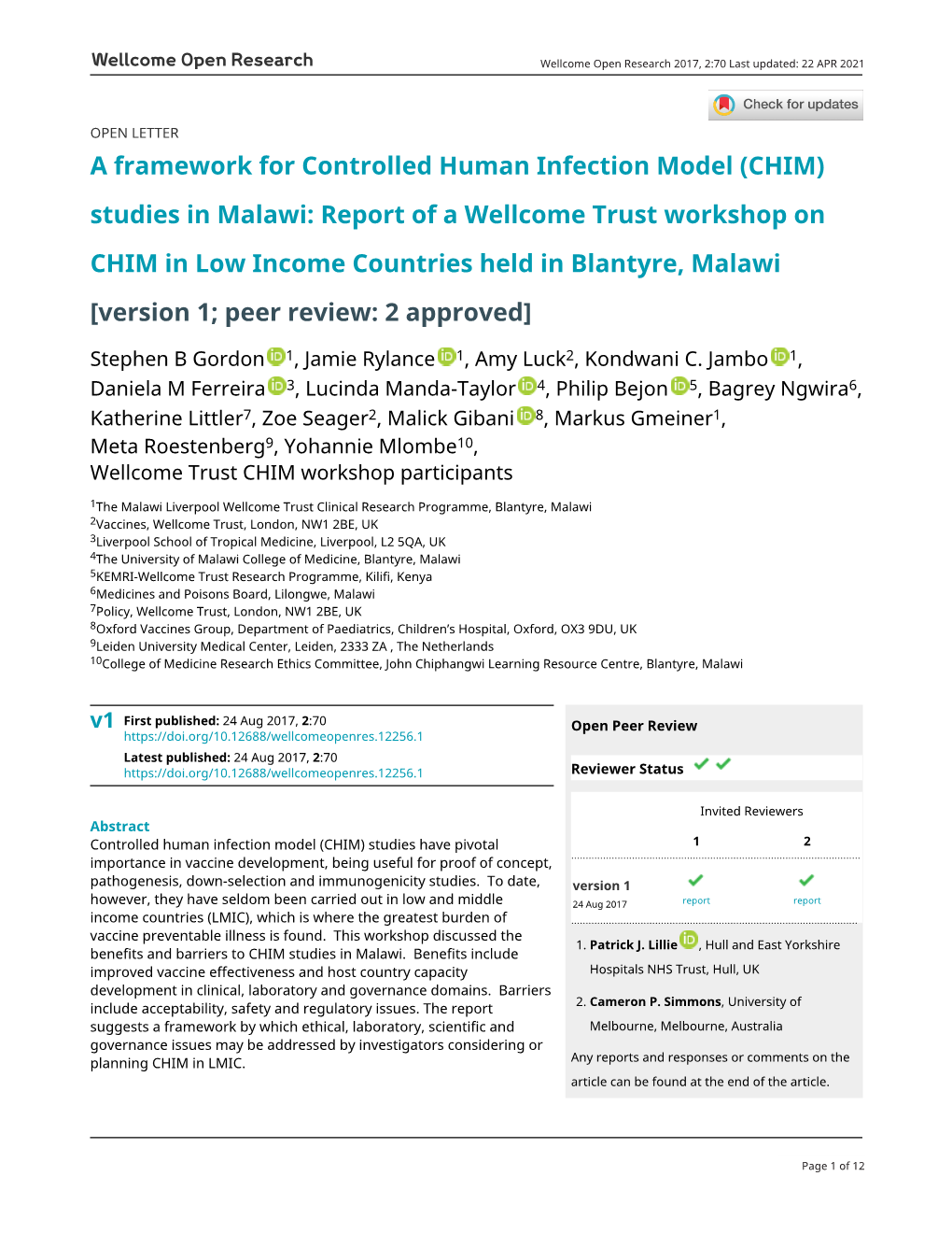 A Framework for Controlled Human Infection Model (CHIM) Studies in Malawi: Report of a Wellcome Trust Workshop On