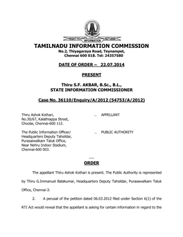 TAMILNADU INFORMATION COMMISSION No.2, Thiyagaraya Road, Teynampet, Chennai 600 018