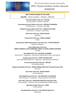 2021 Toyota Golden Guitar Awards WINNERS