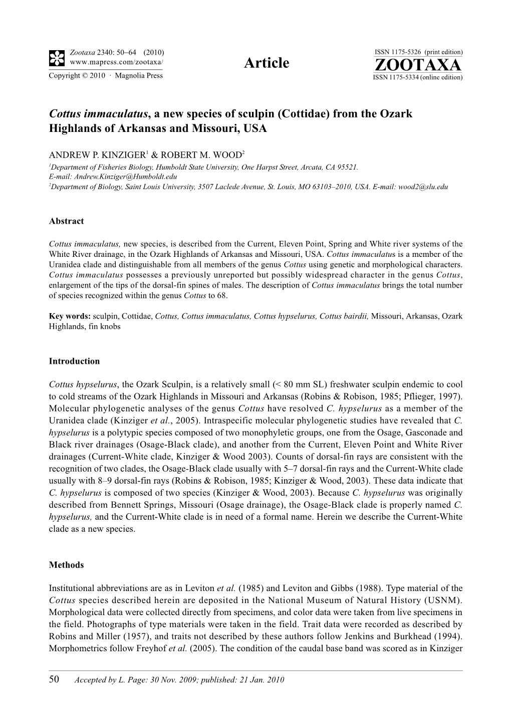 Zootaxa, Cottus Immaculatus, a New Species of Sculpin