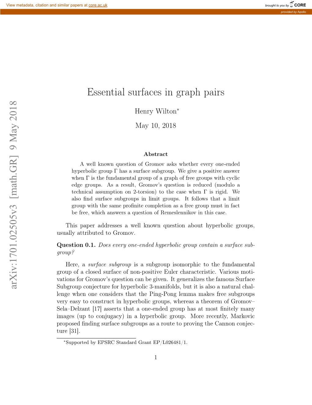 Essential Surfaces in Graph Pairs Arxiv:1701.02505V3 [Math.GR]